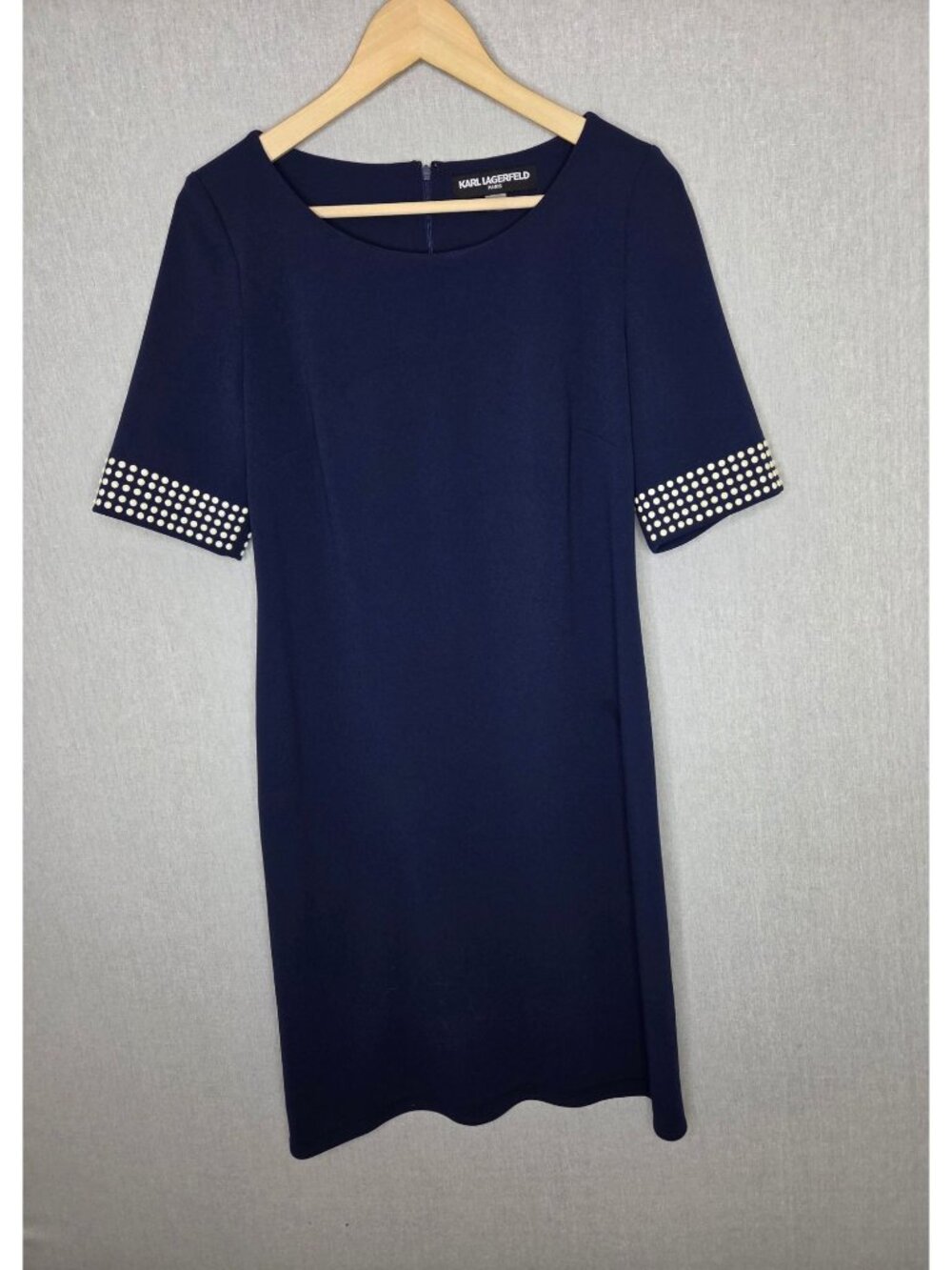 💙 Karl Lagerfeld Paris Navy Blue Studded Sleeve Size 8 Shift Dress Stretch